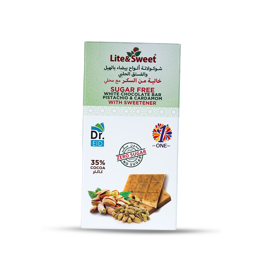 SUGAR FREE WHITE CHOCOLATE BAR PISTACHIO & CARDAMOM With Sweetener